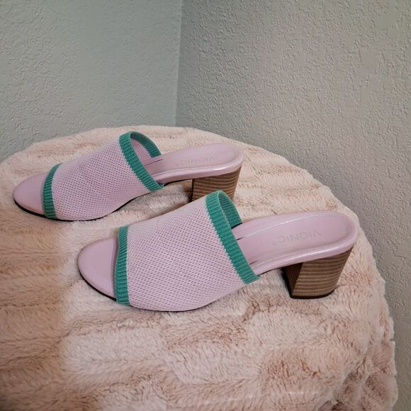 Vionic Pink and Green Mules with Chunky Heel Size 8 - Picture 2 of 8